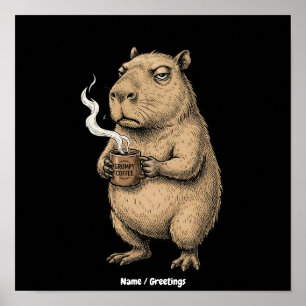 Grumperige Capybara Koffie Vintage Inkt Schets Poster