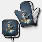 Grumpy Bird op maandag. Ovenwant & Pannenlap Set (Voorkant / Achterkant)