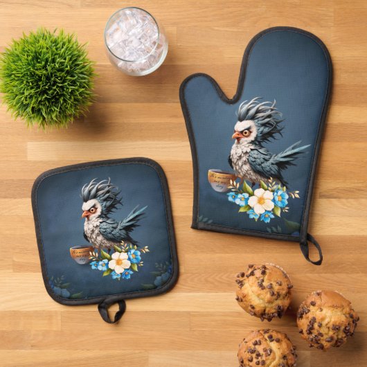 Grumpy Bird op maandag. Ovenwant & Pannenlap Set (Top down)