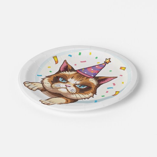 Grumpy Birthday Cat – Feest Pet & Confetti Papieren Bordje (Gekanteld)
