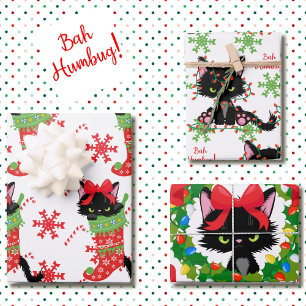 Grumpy Black Cat Bah Humbug Red en Green 3 Inpakpapier Vel