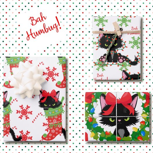 Grumpy Black Cat Bah Humbug Red en Green 3 Inpakpapier Vel