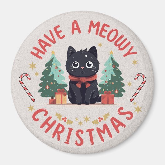 Grumpy Black Cat Meowy Kerstmagneet Magneet (Voorkant)