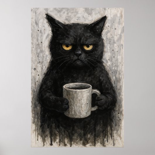 Grumpy Black Cat met Coffee Wall Art Poster (Voorkant)
