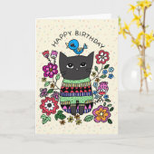 Grumpy Black Cat met kleine bluebird verjaardag Kaart (Gele Bloem)