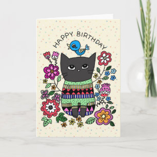 Grumpy Black Cat met kleine bluebird verjaardag Kaart