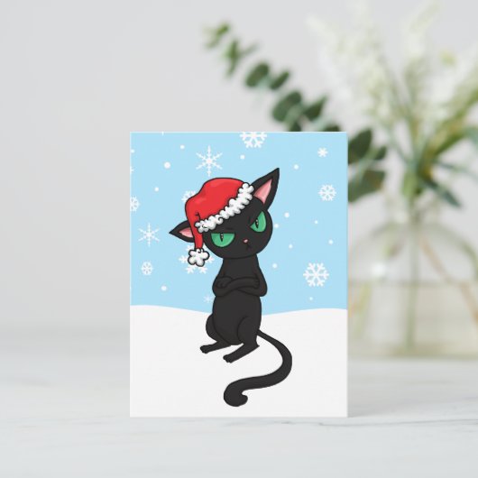 Grumpy Black Cat met Santa Hat Feestdagenkaart (Staand voorkant)