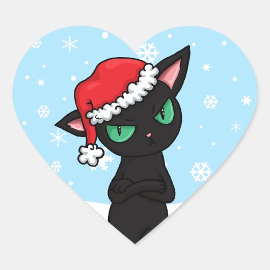 Grumpy Black Cat met Santa Hat Hart Sticker (Voorkant)
