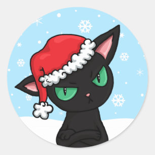 Grumpy Black Cat met Santa Hat Ronde Sticker