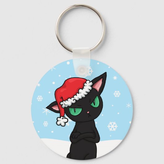 Grumpy Black Cat met Santa Hat Sleutelhanger (Voorkant)