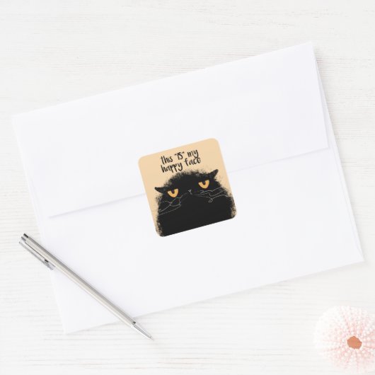 Grumpy black cat vierkante sticker (Envelop)
