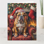 Grumpy Bulldog Christmas Hat on Velvet Chair Kaart (Voorkant)