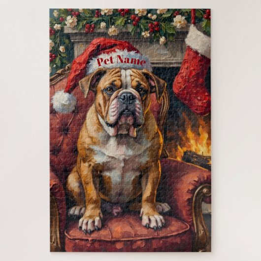 Grumpy Bulldog Christmas Hat on Velvet Chair Legpuzzel (Verticaal)