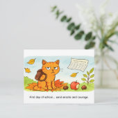 Grumpy Cartoon Cat Starting School in Autumn Briefkaart (Staand voorkant)