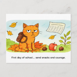 Grumpy Cartoon Cat Starting School in Autumn Briefkaart
