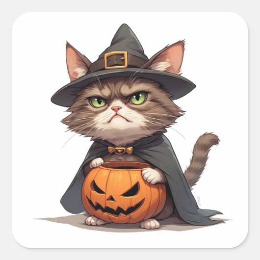 Grumpy Cat En Jack O Lantern Vriend Halloween 🎃 Vierkante Sticker (Voorkant)