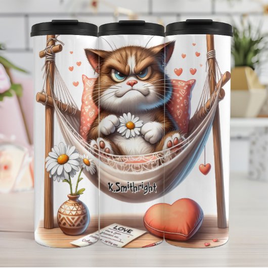 Grumpy Cat in een hangmat met bloemen Thermosbeker
