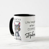 Grumpy Cat Life Begint Na Koffie Grappig Quote Mok (Voorkant links)