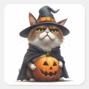 Grumpy Cat met pompoen heksenkostuum 🎃 Vierkante Sticker
