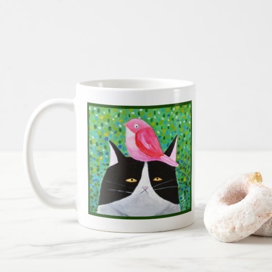 Grumpy Cat met rode kleine vogel Funny Cat Lover Koffiemok (Met donut)
