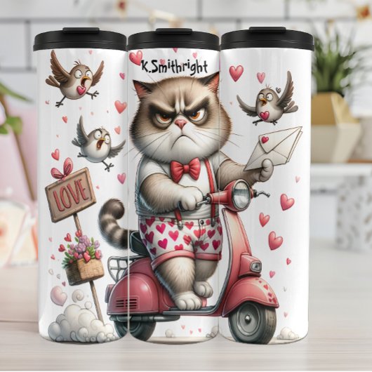 Grumpy Cat op een brommer Thermosbeker