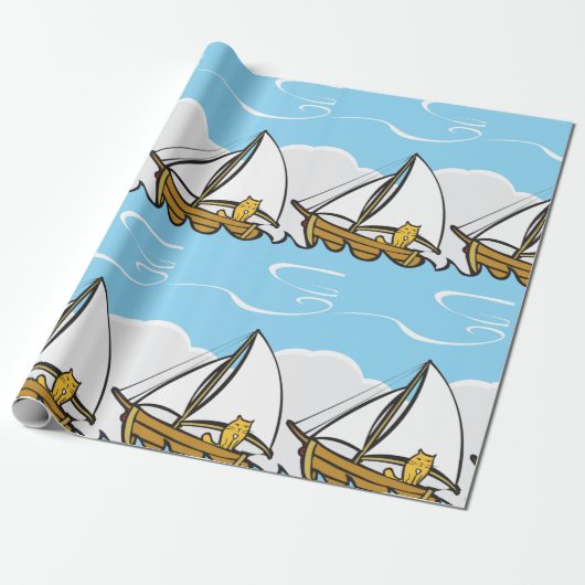 Grumpy Cat op een zeilboot Funny Nautical Cartoon Cadeaupapier (Uitgerold)