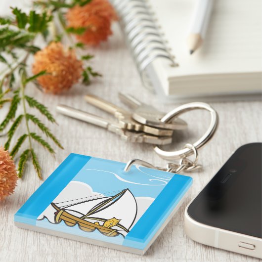 Grumpy Cat op een zeilboot Funny Nautical Cartoon Sleutelhanger (Voorkant Rechts)