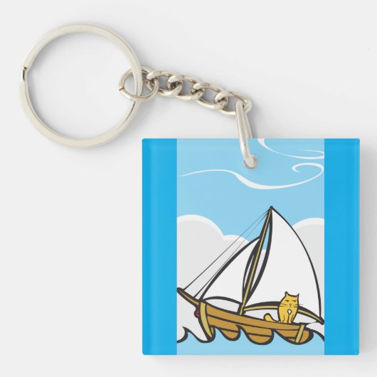 Grumpy Cat op een zeilboot Funny Nautical Cartoon Sleutelhanger (Voorkant)