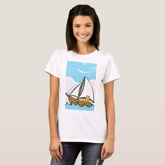 Grumpy Cat op een zeilboot Funny Nautical Cartoon T-shirt (Voorkant volledig)