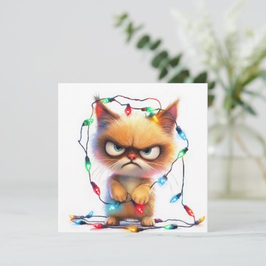 Grumpy Cat Tangled In Christmas Lights Feestdagenkaart (Staand voorkant)