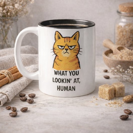 Grumpy Cat –“What You Lookin’ At, Human” Funny Tweekleurige Koffiemok