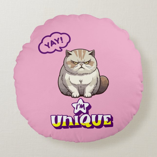 Grumpy Cat "YAY! I'm Unique" Funny  Rond Kussen (Voorkant)