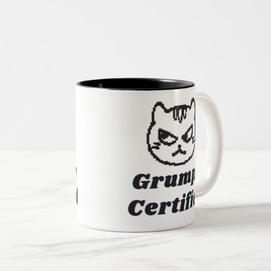 "Grumpy Certified" Funny Cat Meme Design Tweekleurige Koffiemok (Voorkant rechts)
