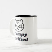 "Grumpy Certified" Funny Cat Meme Design Tweekleurige Koffiemok (Voorkant links)