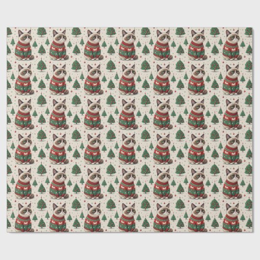 Grumpy Christmas Cat in Ugly Sweater Cadeaupapier (Vlak)