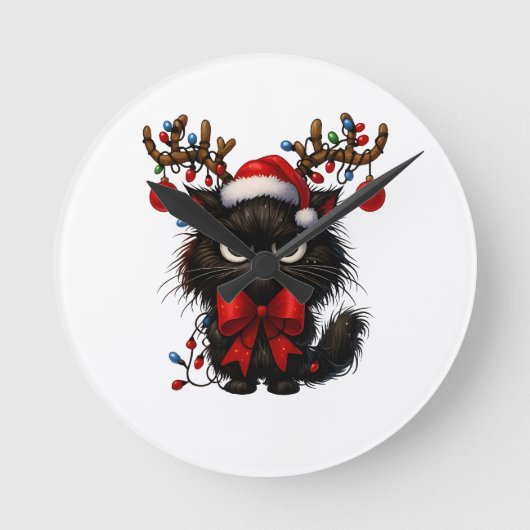 Grumpy Christmas Cat with Santa Hat and Antlers Ronde Klok (Voorkant)