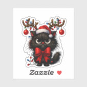 Grumpy Christmas Cat with Santa Hat and Antlers Sticker (Vel)