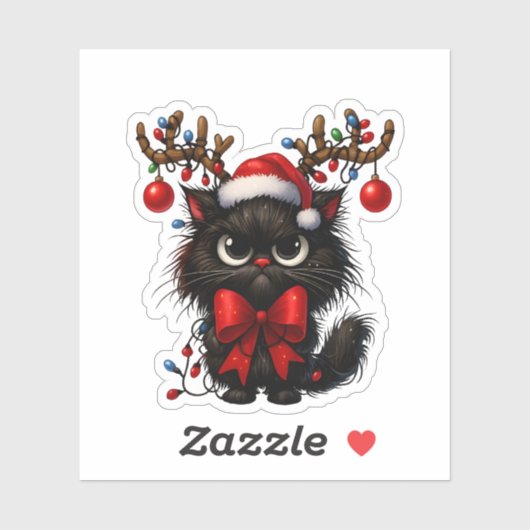 Grumpy Christmas Cat with Santa Hat and Antlers Sticker (Vel)