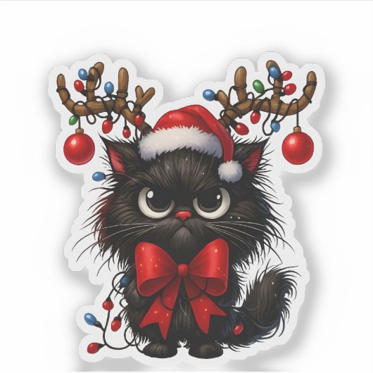 Grumpy Christmas Cat with Santa Hat and Antlers Sticker (Voorkant)