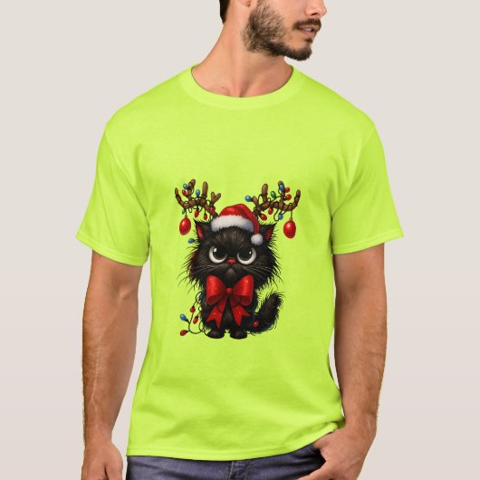 Grumpy Christmas Cat with Santa Hat and Antlers T-shirt (Voorkant)