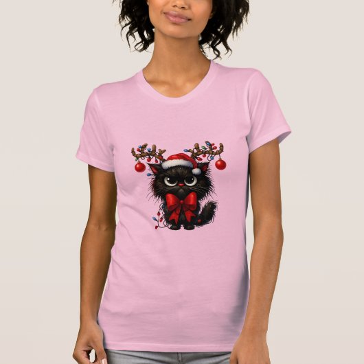 Grumpy Christmas Cat with Santa Hat and Antlers T-shirt (Voorkant)