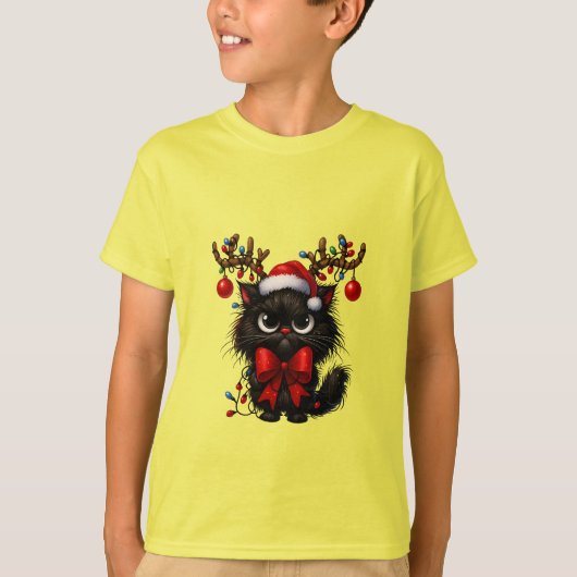 Grumpy Christmas Cat with Santa Hat and Antlers T-shirt (Voorkant)
