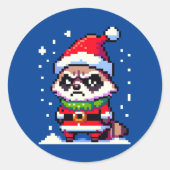 Grumpy Christmas Raccoon - Grappige Pixel Art Vaka Ronde Sticker (Voorkant)