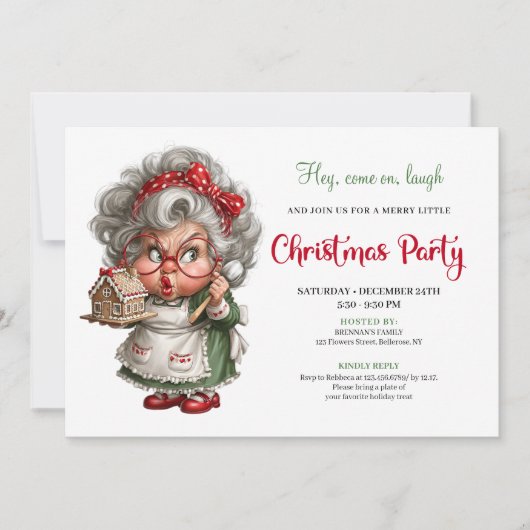 Grumpy Comic Grandma Cheerful Xmas Party Invite Kaart (Voorkant)