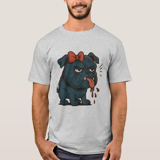 Grumpy Drooling Pug with Red Bow – Funny Dog Attit T-shirt (Voorkant)
