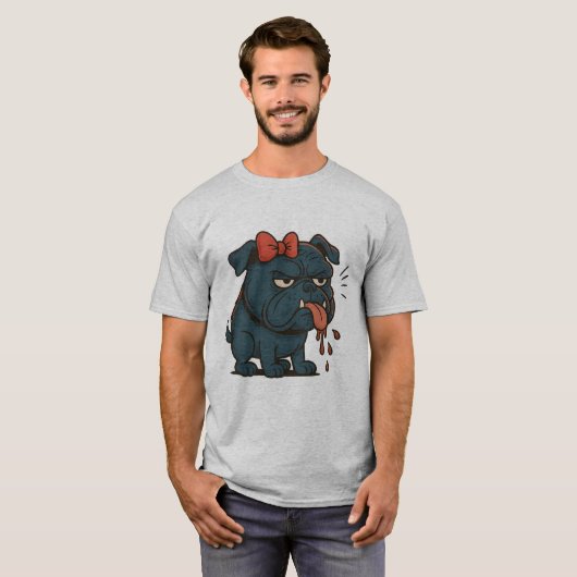 Grumpy Drooling Pug with Red Bow – Funny Dog Attit T-shirt (Voorkant volledig)
