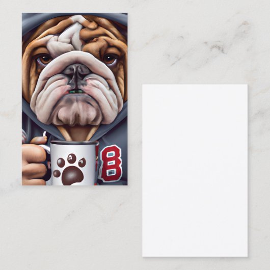 Grumpy Engelse Bulldog in Hoody Holding Visitekaartje (Voorkant / Achterkant)