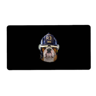 Grumpy English Bulldog Wearing Firefighter Helmet Etiket