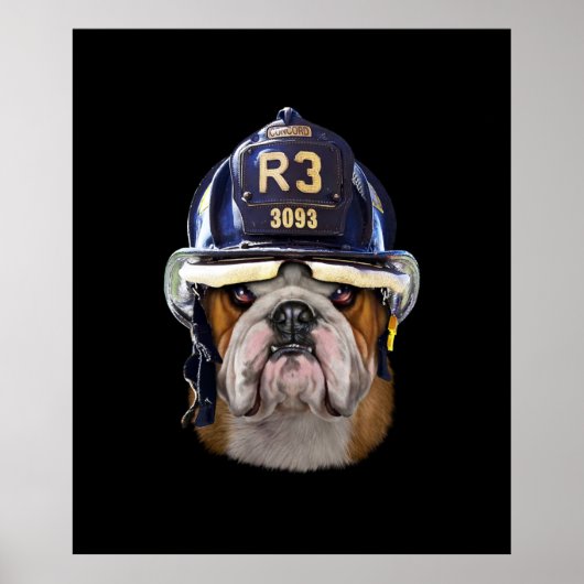 Grumpy English Bulldog Wearing Firefighter Helmet Poster (Voorkant)
