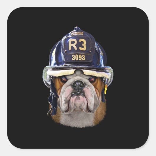 Grumpy English Bulldog Wearing Firefighter Helmet Vierkante Sticker (Voorkant)